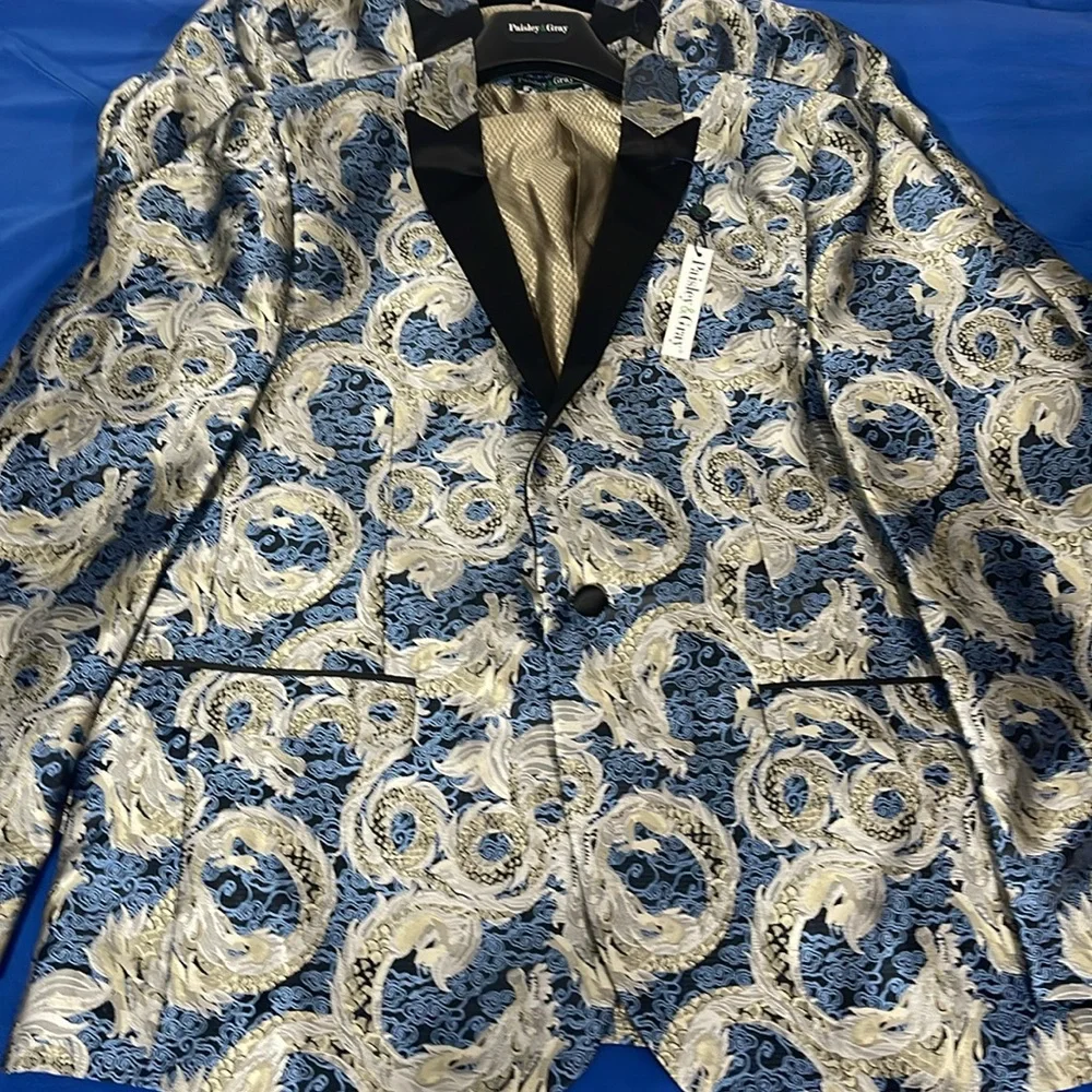 Paisley & Gray Grosvenor Peak Tux Jacket Slim Fit Silver Flower Size Various